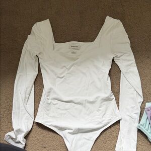 Babaton White Square Neck Long Sleeve Bodysuit